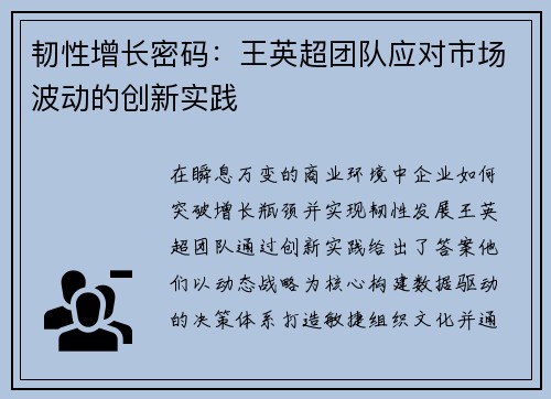 韧性增长密码：王英超团队应对市场波动的创新实践