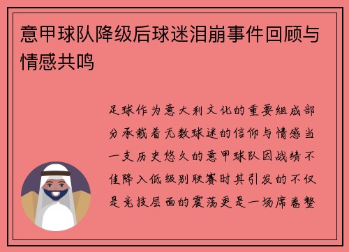 意甲球队降级后球迷泪崩事件回顾与情感共鸣